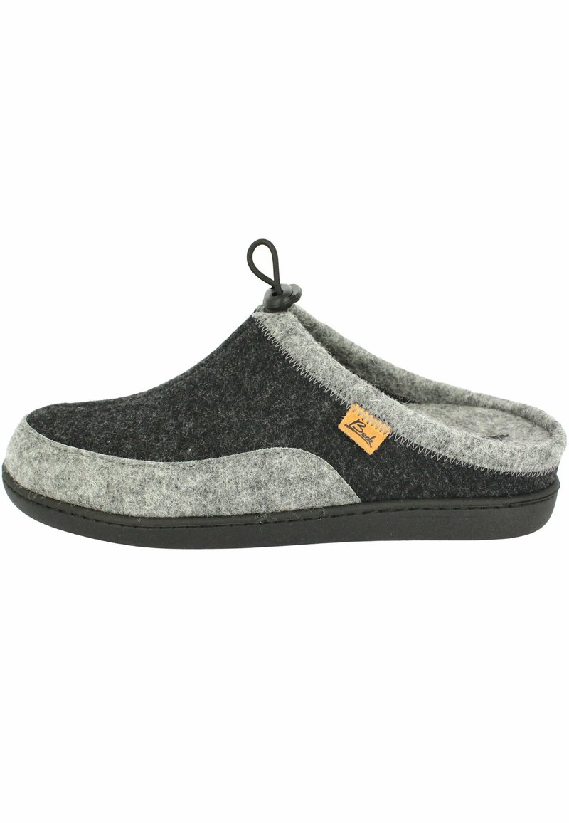 Grijze en zwarte wollen pantoffel met een stevige rubberen zool, afgeronde vorm, zachte textuur en een prominent logopatch nabij de hiel.