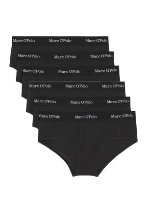 Schwarzes Baumwoll-Briefunterwäsche-Set, das mit einem weichen Bündchen mit "Marc O'Polo"-Logo versehen ist, präsentiert in einem Stapel von sechs Artikeln.
