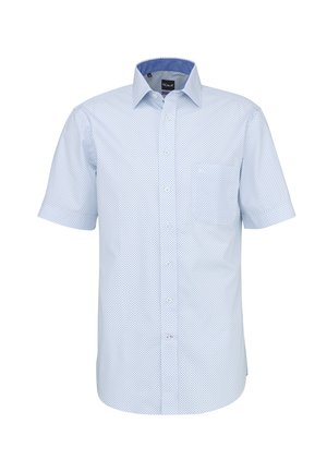 Hellblaues kurzärmeliges Hemd mit kleinen dunklen Punkten und einer Brusttasche vorne.