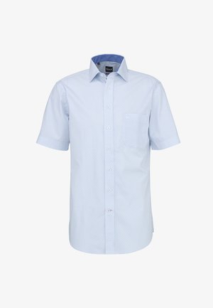 Chemise bleu clair à manches courtes avec petits motifs de points sombres et une poche poitrine à l'avant.