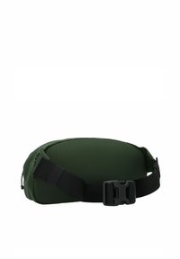 Bandolera de color verde oscuro con una correa ajustable negra y hebilla de liberación lateral de plástico, mostrada desde la parte trasera sobre un fondo blanco.