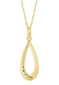 Goldpendant-Halskette mit einer tropfenförmigen Gestaltung, die eine strukturierte Oberfläche und eine glatte innere Kurve aufweist, befestigt an einer gedrehten Kette.