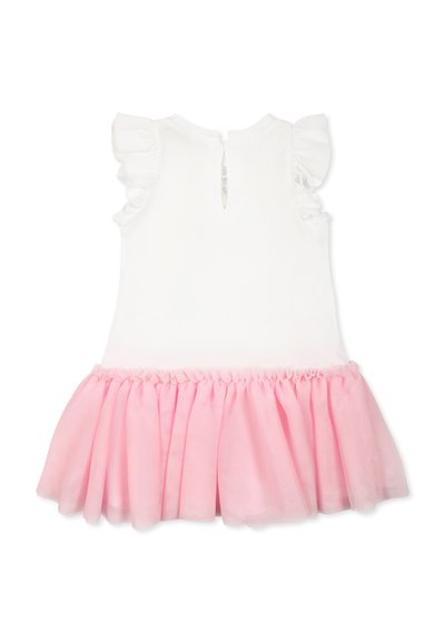 Witte jurk met korte gerimpelde mouwen en een roze tule rok. Heeft een keyhole sluiting aan de achterkant en een geplooide taille.detail.