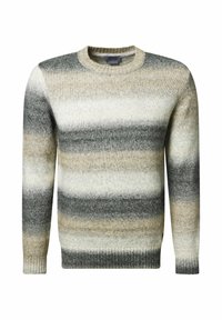 Strickpullover mit Rundhalsausschnitt, mehrfarbigen horizontalen Streifen in Grau, Beige und Weiß, sowie Rippbündchen und Saum.