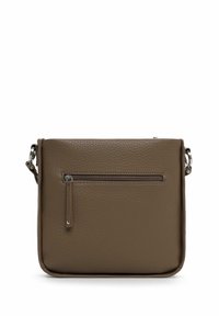 Brown leather crossbody bag with a textured surface, zippered front pocket, and adjustable strap. Square shape with rounded edges.