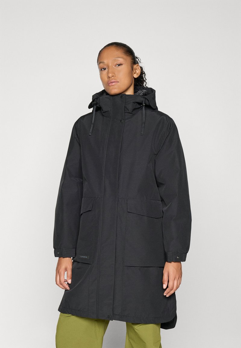 Zwarte waterdichte parka met een capuchon, twee voorzakken en elastische manchetten, met een rechte snit en een gladde matte afwerking.