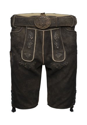 Pantaloni corti in pelle marrone con cuciture decorative, una grande fibbia circolare, due tasche frontali e dettagli di frange sui lati.
