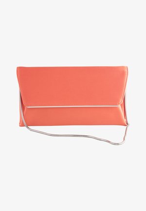Coral clutch bag with a sleek, flat design, a metallic chain strap, and a smooth texture. Features a silver accent along the edge.