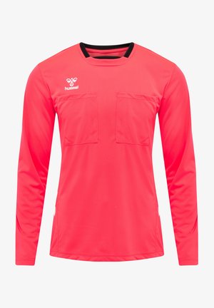 Langærmet, lys pink sportstrøje med sort krave og to brystlommer. Fremstillet af åndbart materiale, designet til aktiv brug.