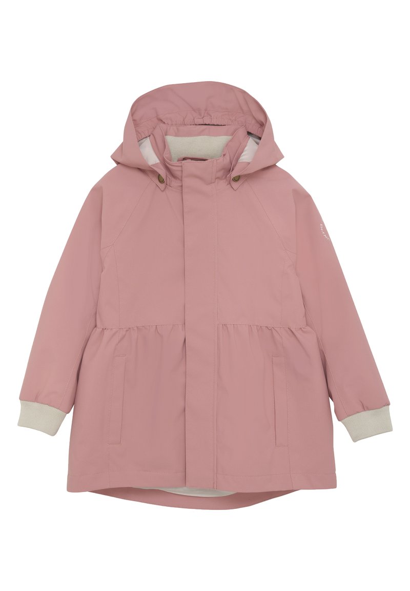 Roza nepremočljiva jakna s kapuco, mehko podložena, z elastičnimi manšetami in nabranim pasom. Dva sprednja žepa in ravna rez.