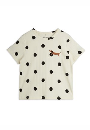Cremafarbenes Kurzarmhemd mit schwarzen Polka-Dots und kleinem, braun besticktem Dackel auf der linken Brust.