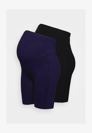 Dve pare raztegljivih kratkih hlač: ena v vijolični in ena v črni barvi. Obe imata gladek, elastičen pas in so dolge do kolen.