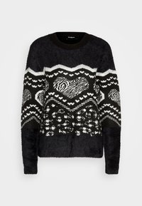 Maglione in bianco e nero con texture, collo rotondo, caratterizzato da motivi a cuore e zigzag, maniche lunghe e finitura fluffy.