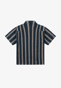 Chemise bleu marine à manches courtes avec des rayures verticales marron et blanches, col à pointes larges et coupe décontractée, vue de dos.
