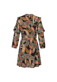 Robe noire avec motif paisley multicolore, manches longues à épaules dénudées, détails à volants, taille cintrée et jupe évasée.