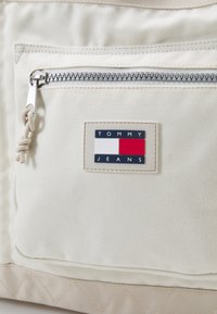 Beige canvasväska med en framficka med dragkedja, en strukturerad botten och en rektangulär logotextplatta i röd, vit och blå färg.