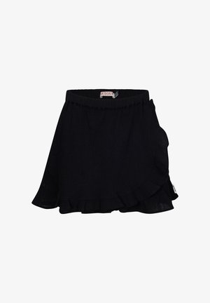 Black mini skirt featuring a ruffled hem, elastic waistband, and lightweight fabric with a textured appearance. Brand label visible inside.
