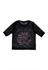 Black mesh t-shirt featuring Iron Maiden graphic in dark red. Short sleeves, round neckline, and a prominent design of a skull with stripes.