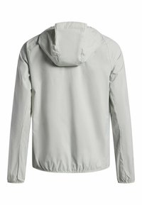 Lichtgrijze capuchonjack gemaakt van lichtgewicht materiaal, voorzien van een trekkoordcapuchon en elastische manchetten, met een eenvoudige, gladde textuur.