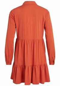 Robe à manches longues et à volants couleur orange brûlé, avec col, poignets boutonnés et détails de tissu froncé au dos.