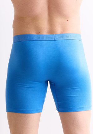 Männlich trägt enge, bis zur Mitte des Oberschenkels reichende blaue Boxer-Shorts, steht mit dem Rücken zur Kamera vor einem schlichten weißen Hintergrund.