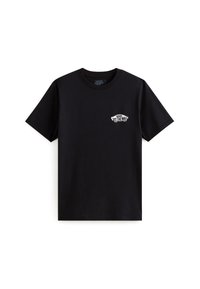 Zwarte katoenen t-shirt met een ronde hals en korte mouwen, voorzien van een wit "VANS OFF THE WALL" logo op de linkerborst.