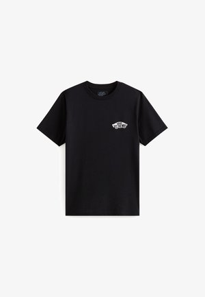 Black cotton t-shirt featuring a crew neck and short sleeves, with a white "VANS OFF THE WALL" logo on the left chest.
