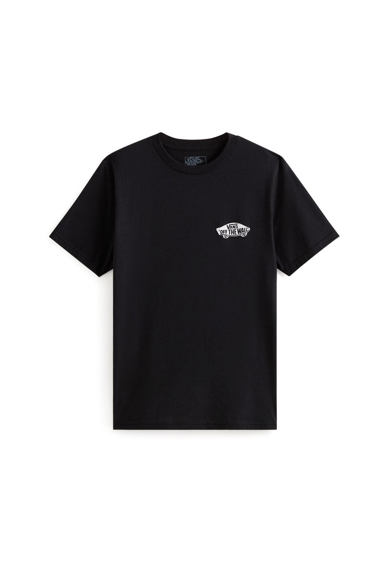 Zwarte katoenen t-shirt met een ronde hals en korte mouwen, voorzien van een wit "VANS OFF THE WALL" logo op de linkerborst.