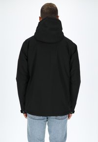 Black waterproof jacket with a hood, features a tailored fit, smooth texture, and adjustable cuffs, shown from the back.