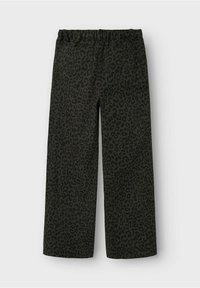Dunkelgrüne weite Hosen mit einem schwarzen Leopardenmuster, elastischem Bund und zwei Gesäßtaschen. Aus weichem Stoff gefertigt.