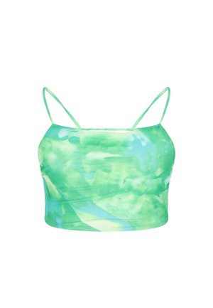 Zielono-niebieski przycięty top na ramiączkach typu tie-dye z cienkimi ramiączkami spaghetti i prostym dekoltem.