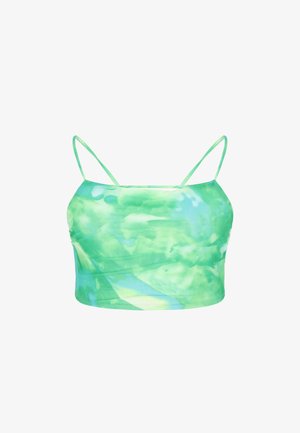 Zielono-niebieski przycięty top na ramiączkach typu tie-dye z cienkimi ramiączkami spaghetti i prostym dekoltem.