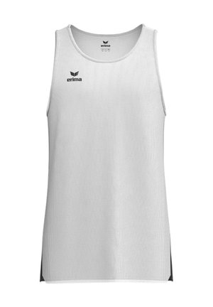 Camiseta deportiva sin mangas blanca con el logo negro de Erima en el pecho y cuello, realizada en tejido de malla ligera.