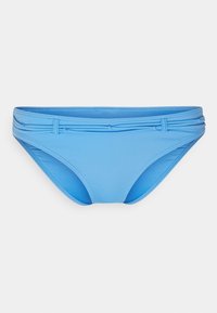 Parte de baixo de biquíni azul feita de um tecido liso e elástico. Apresenta uma cintura larga com pregas e detalhes laterais, oferecendo uma silhueta ajustada.