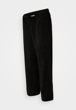 Black corduroy pants with a relaxed fit, featuring an elastic waistband and cropped length. Soft texture with vertical ribbing pattern.