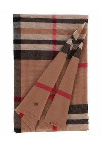 Écharpe en tartan marron en tissu doux, avec des rayures noires, rouges et blanches, aux bords à franges et une petite étiquette logo.