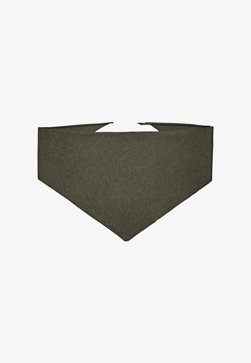 Olivengrøn bandana lavet af struktureret stof, med en tredimensionel form og spidse ender samt en glat inderside for komfort.