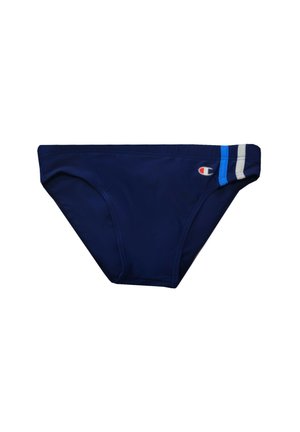 Costume da uomo blu navy con piccolo logo Champion e due strisce verticali, una blu e una grigia, sull'anca destra.