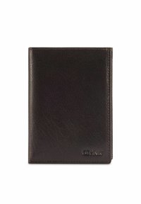 Brązowy skórzany portfel o fakturowanej powierzchni, z podwójnym złożeniem, tłoczonym logo w dolnym prawym rogu, obszyty brzegami.