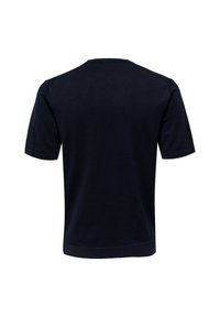 Maglione a maniche corte blu navy con scollatura rotonda, caratterizzato da una texture liscia e bordo a coste in vita e sulle maniche. Visualizzazione dal retro.