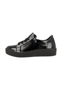 Black patent leather sneaker with a lace-up and side zip design. Features a textured rubber sole and smooth, shiny finish.