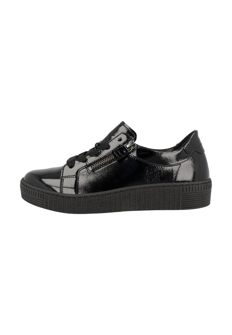 Black patent leather sneaker with a lace-up and side zip design. Features a textured rubber sole and smooth, shiny finish.