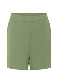Gröna shorts i ett krinklat tyg, med en platt midja och rak silhuett, med en slät textur och inga synliga detaljer.