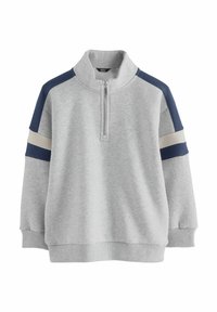Jasnoszary sweatshirt z kołnierzem zapinanym na zamek w połowie długości, granatowe i beżowe paski na ramionach oraz ściągacze przy mankietach i na dole. Miękka struktura materiału.