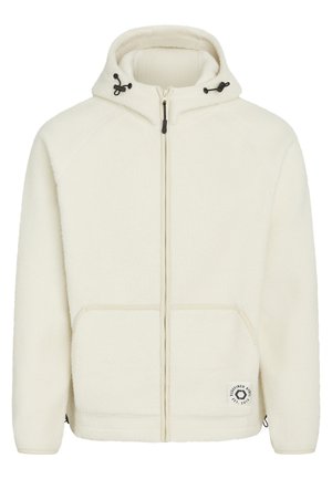 Haut en polaire blanc avec une fermeture éclair sur le devant, une capuche réglable et deux poches avant. Présente un patch logo sur la poche gauche.