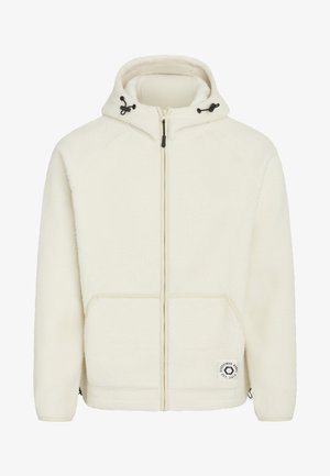 Weißer Fleece-Hoodie mit einem Reißverschluss vorne, Kapuze mit Kordelzug und zwei Vordertaschen. Mit einem Logopatch auf der linken Tasche.