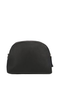 Black leather pouch with a rounded shape, textured surface, silver zipper closure, and a side tassel detail.