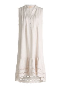 Ärmelloses Leinenkleid in Off-White mit plissiertem Oberteil, Knopfverschluss und gewelltem Augenledersaum. Reguläre Passform und leichtes Material.