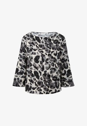 Langärmliges Oberteil mit einem Leopardenmuster in Schwarz, Grau und Weiß, einem quadratischen Ausschnitt und weicher Stofftextur.