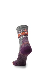 Gray and purple sock with a patterned design featuring orange accents. Made from textured material, showing a ribbed cuff and reinforced heel.
